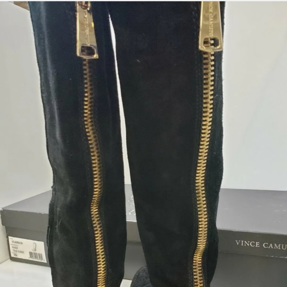 Vince Camuto equestrian Black suede knee high Riding Boots Shoes gold buckle - Picture 7 of 7